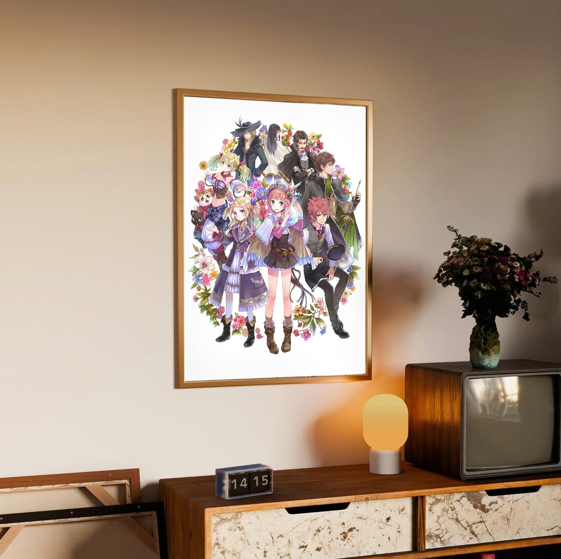Atelier Rorona Plus The Alchemist of Arland Key Art by Mel Kishida in an oak frame above a sideboard