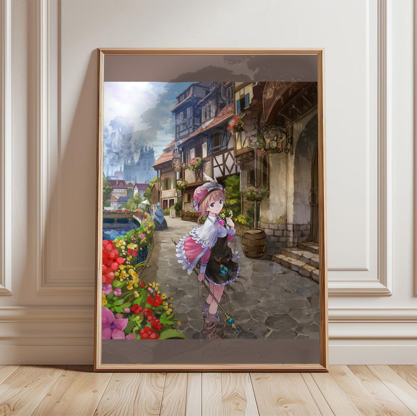 Atelier Rorona The Alchemist of Arland Package Illustration by Mel Kishida in a light oak frame leaning against a white wall
