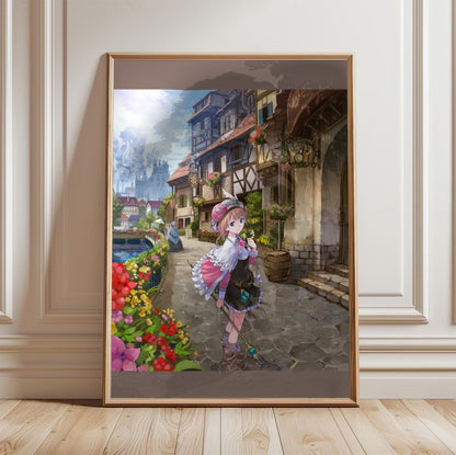 Atelier Rorona The Alchemist of Arland Package Illustration by Mel Kishida in a light oak frame leaning against a white wall