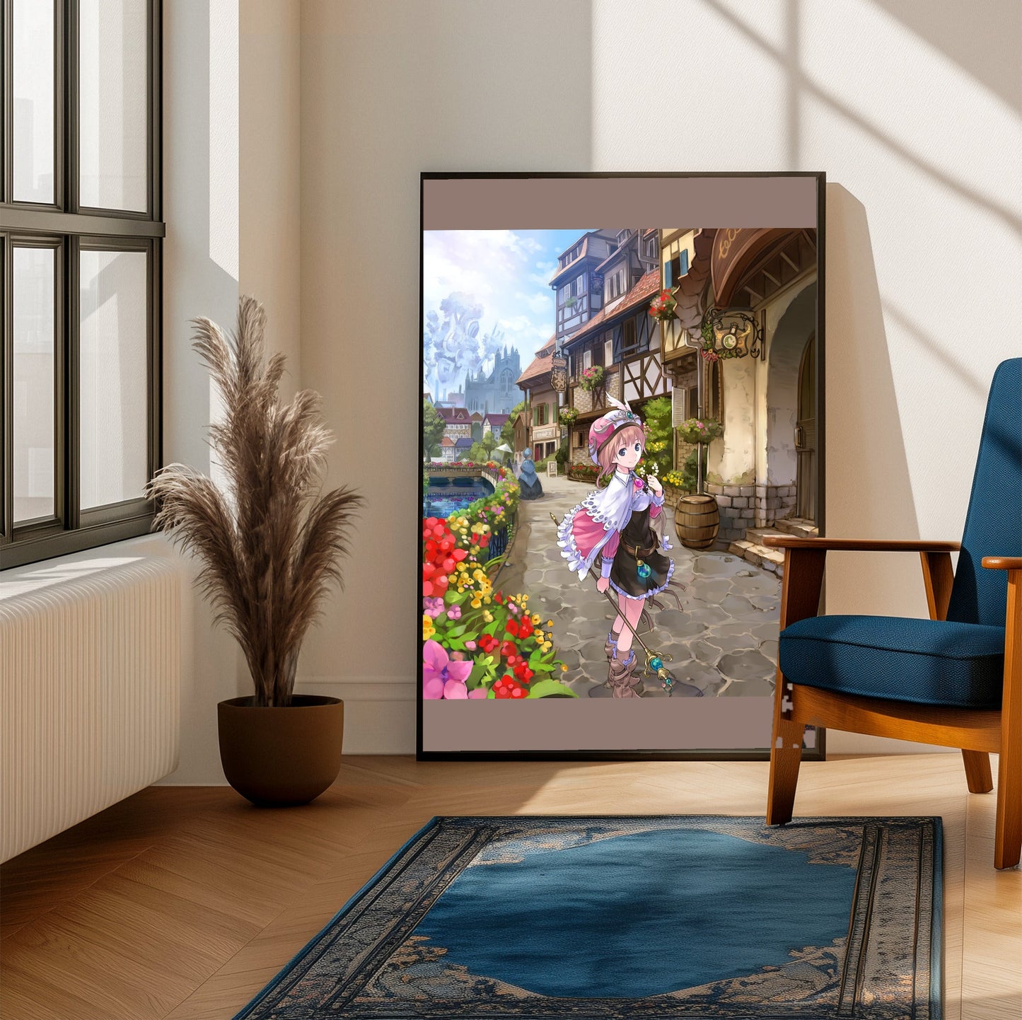 Atelier Rorona The Alchemist of Arland Package Illustration by Mel Kishida framed beside a blue armchair in a sunlit room