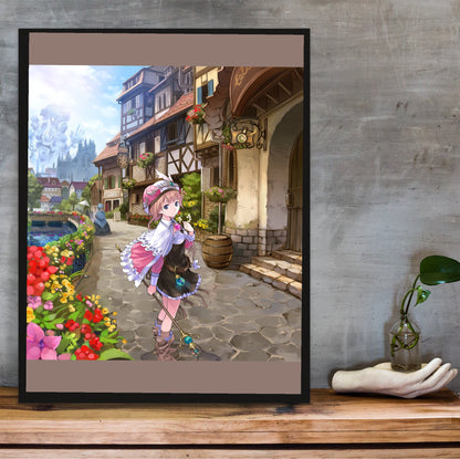 Atelier Rorona The Alchemist of Arland Package Illustration by Mel Kishida in a black frame on a wooden shelf against concrete