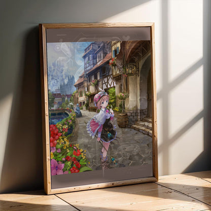 Atelier Rorona The Alchemist of Arland Package Illustration by Mel Kishida in an oak frame leaning on a wooden floor