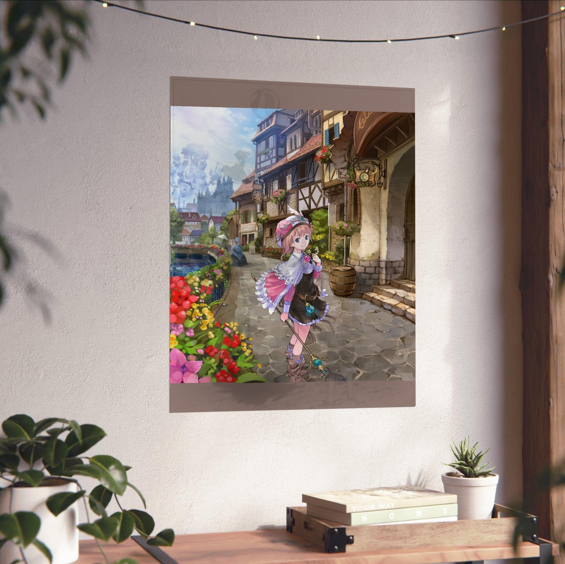 Atelier Rorona The Alchemist of Arland Package Illustration by Mel Kishida unframed on a white wall above a desk