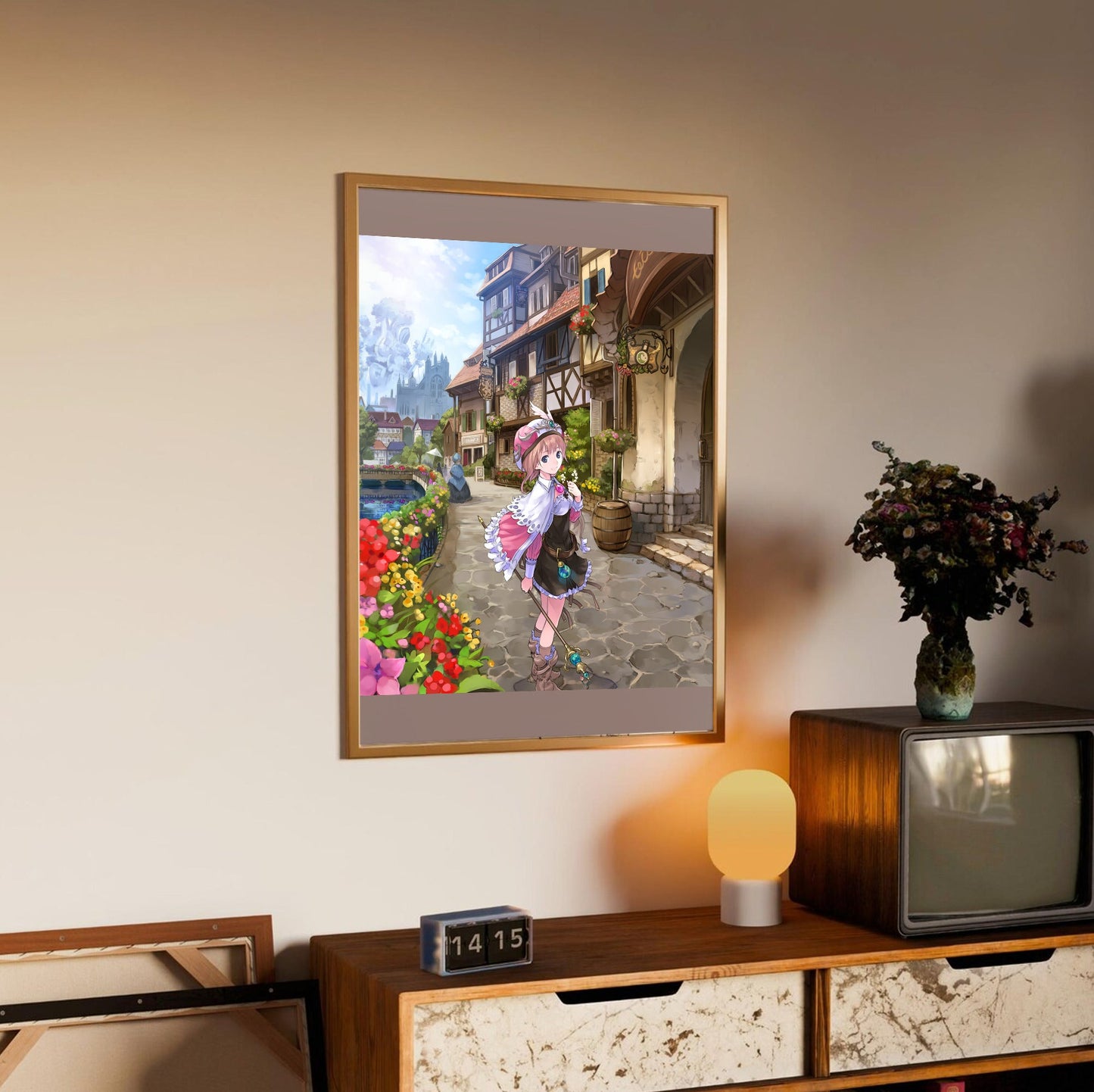Atelier Rorona The Alchemist of Arland Package Illustration by Mel Kishida in an oak frame above a sideboard