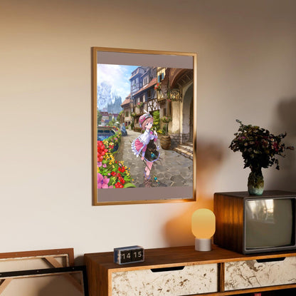 Atelier Rorona The Alchemist of Arland Package Illustration by Mel Kishida in an oak frame above a sideboard