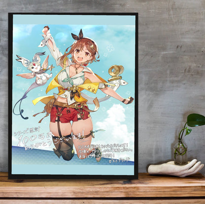 Atelier Ryza 2 Lost Legends and the Secret Fairy Illustration by Toridamono in a black frame on a wooden shelf against concrete