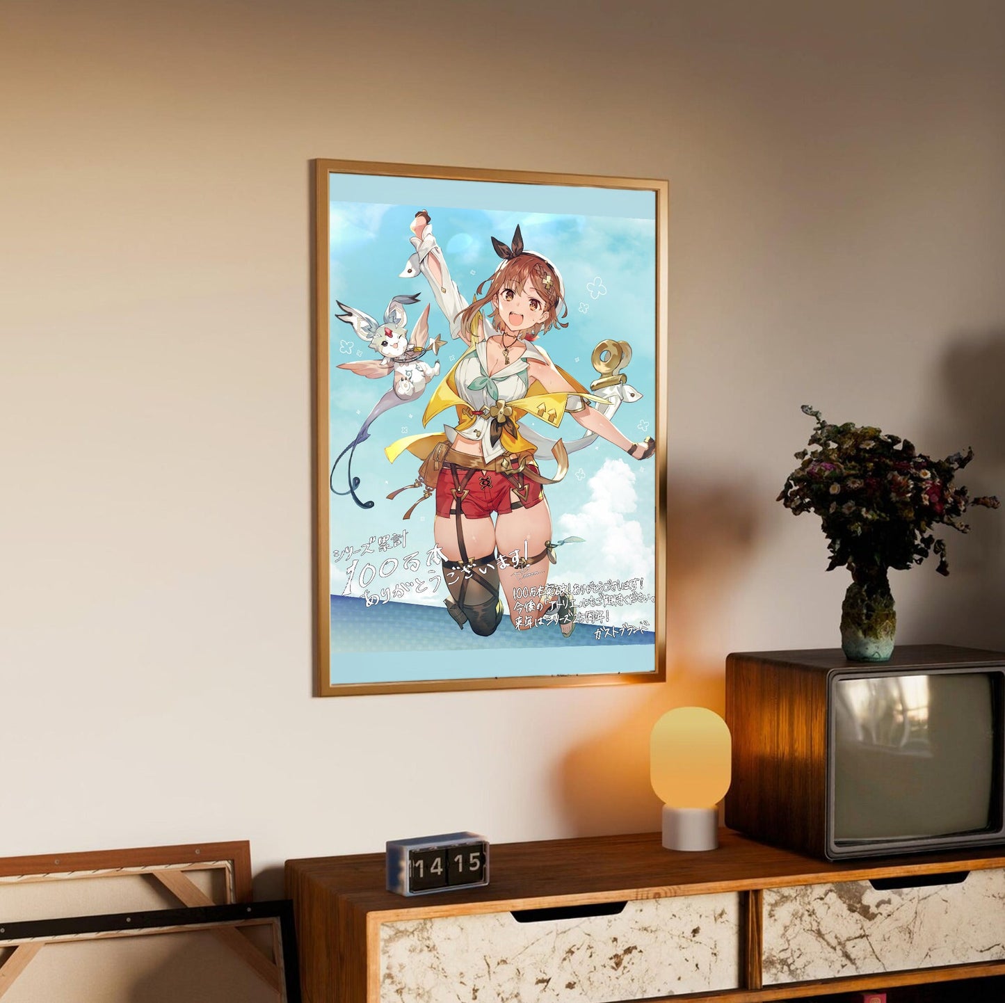 Atelier Ryza 2 Lost Legends and the Secret Fairy Illustration by Toridamono in an oak frame above a sideboard