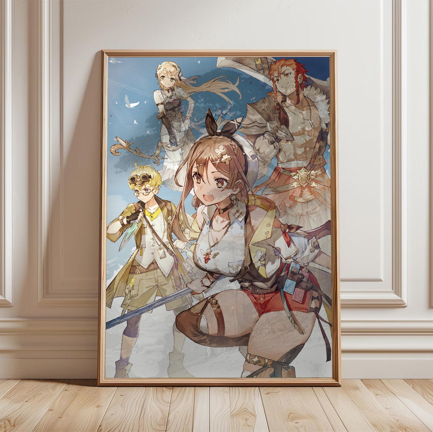 Atelier Ryza 3 Alchemist of the End and the Secret Key Main Visual 2 by Toridamono in a light oak frame leaning against a white wall