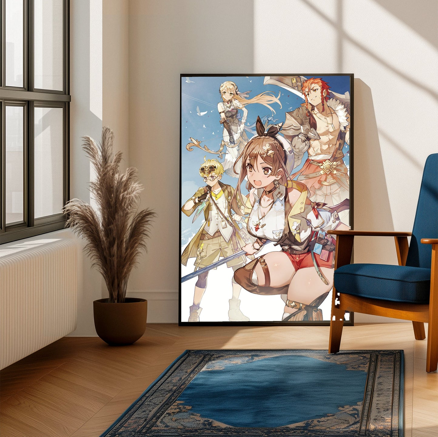 Atelier Ryza 3 Alchemist of the End and the Secret Key Main Visual 2 by Toridamono framed beside a blue armchair in a sunlit room
