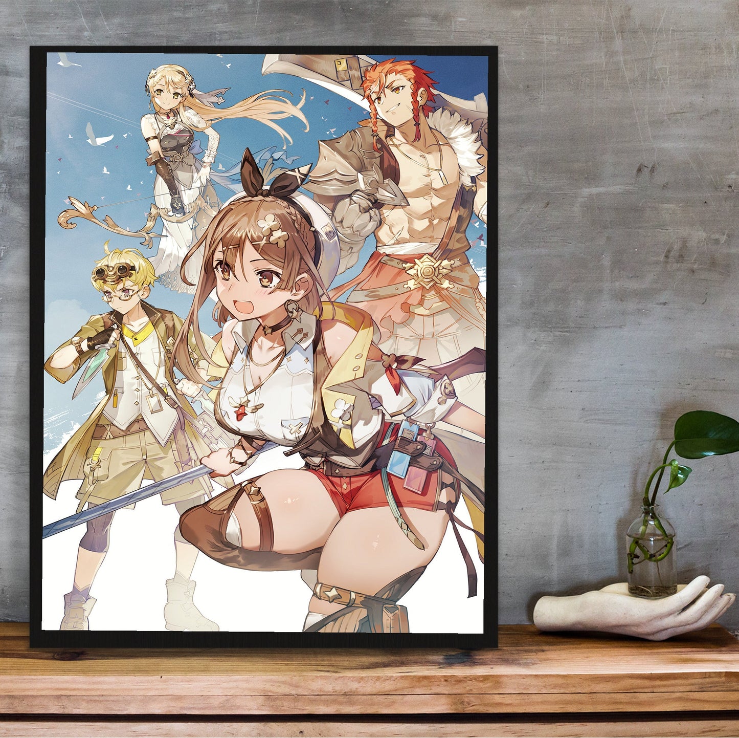 Atelier Ryza 3 Alchemist of the End and the Secret Key Main Visual 2 by Toridamono in a black frame on a wooden shelf against concrete