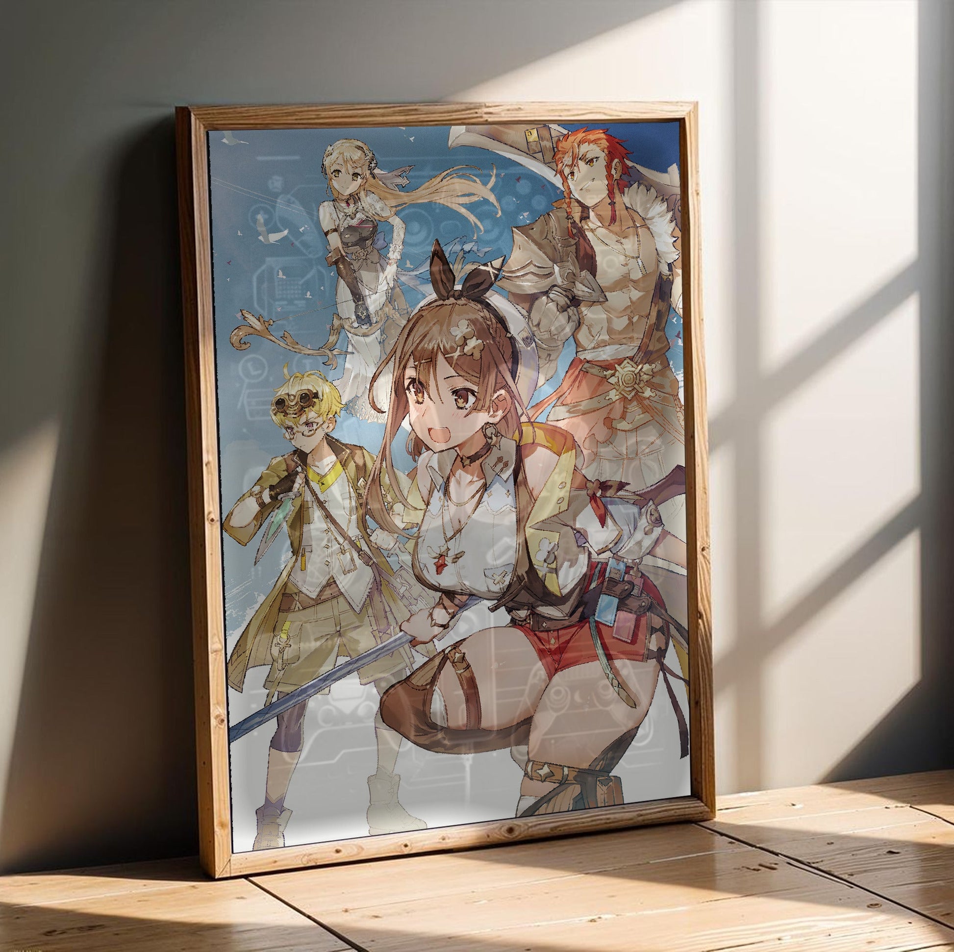 Atelier Ryza 3 Alchemist of the End and the Secret Key Main Visual 2 by Toridamono in an oak frame leaning on a wooden floor