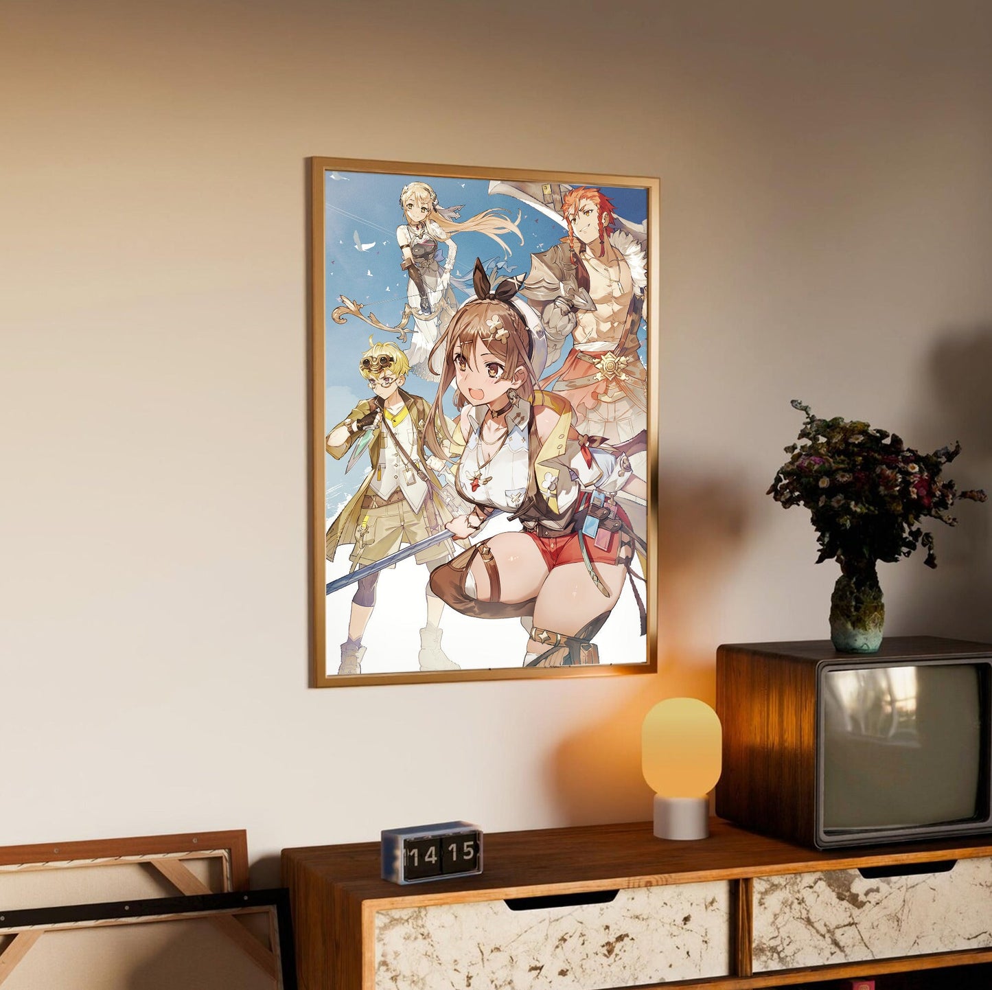 Atelier Ryza 3 Alchemist of the End and the Secret Key Main Visual 2 by Toridamono in an oak frame above a sideboard