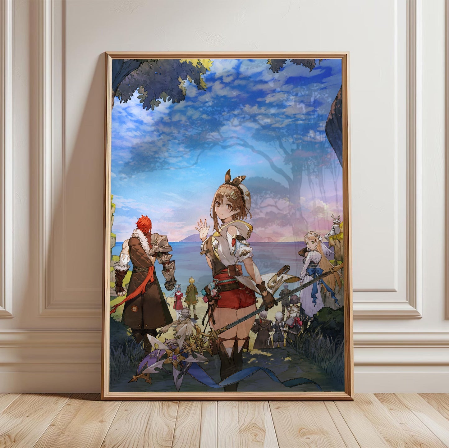 Atelier Ryza 3 Alchemist of the End and the Secret Key Main Visual 3 by Toridamono in a light oak frame leaning against a white wall