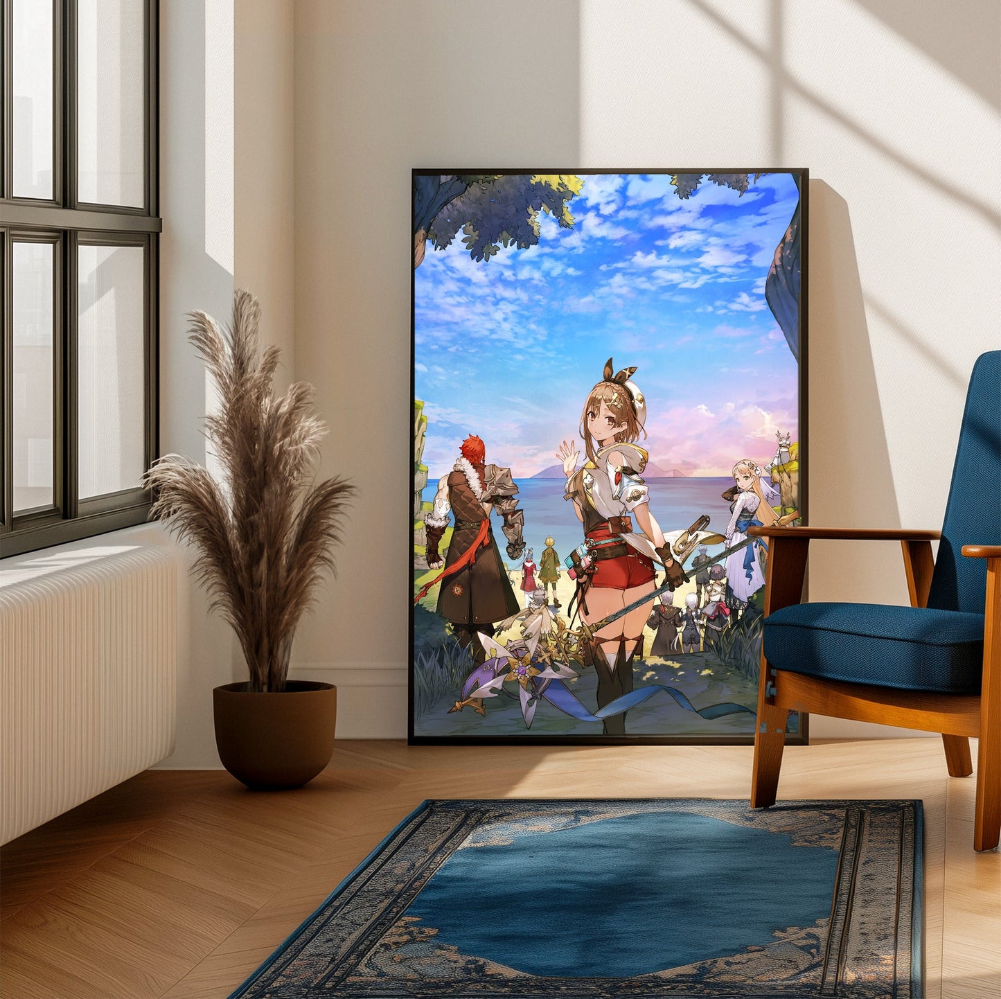 Atelier Ryza 3 Alchemist of the End and the Secret Key Main Visual 3 by Toridamono framed beside a blue armchair in a sunlit room