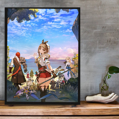 Atelier Ryza 3 Alchemist of the End and the Secret Key Main Visual 3 by Toridamono in a black frame on a wooden shelf against concrete