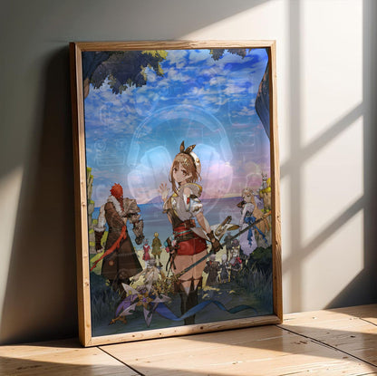 Atelier Ryza 3 Alchemist of the End and the Secret Key Main Visual 3 by Toridamono in an oak frame leaning on a wooden floor