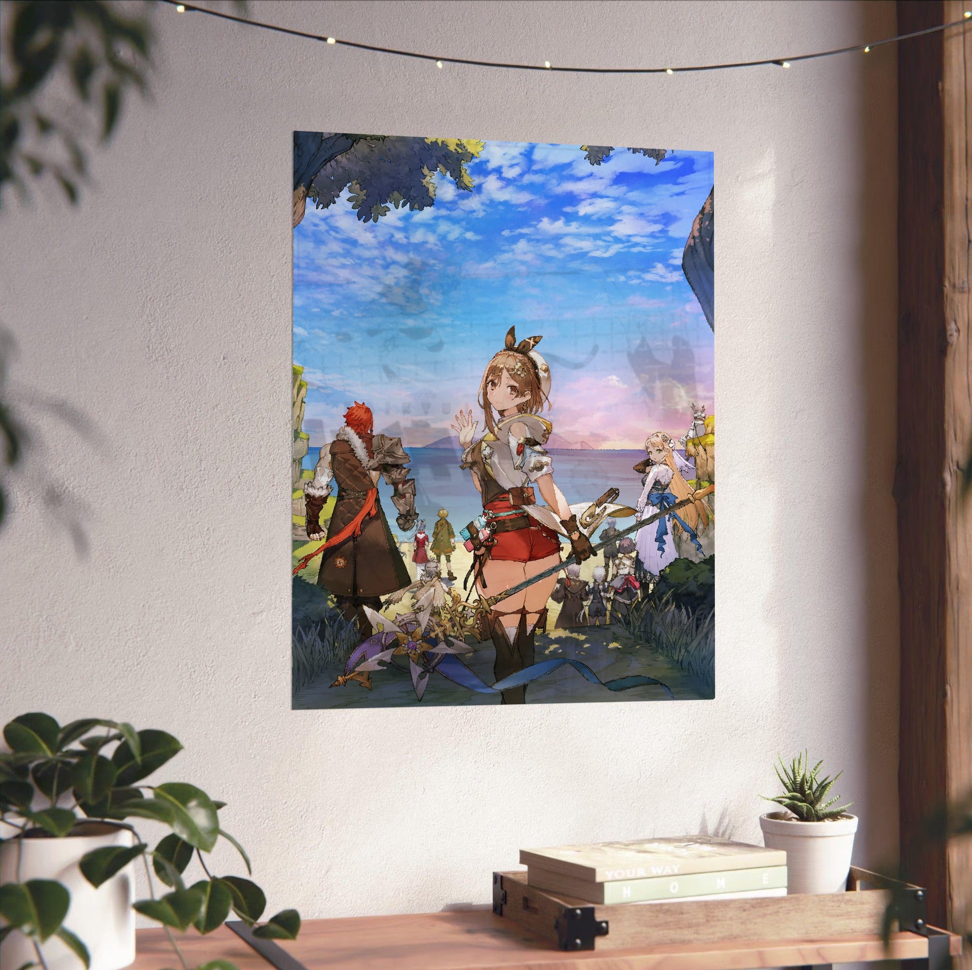 Atelier Ryza 3 Alchemist of the End and the Secret Key Main Visual 3 by Toridamono unframed on a white wall above a desk