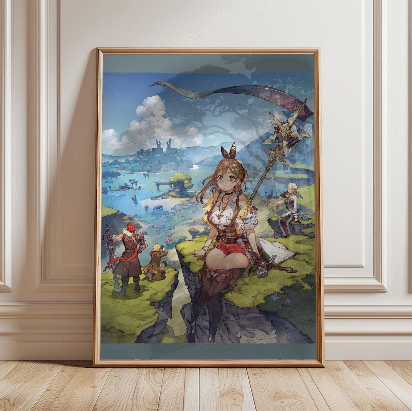 Atelier Ryza 3 Alchemist of the End and the Secret Key Main Visual by Toridamono in a light oak frame leaning against a white wall