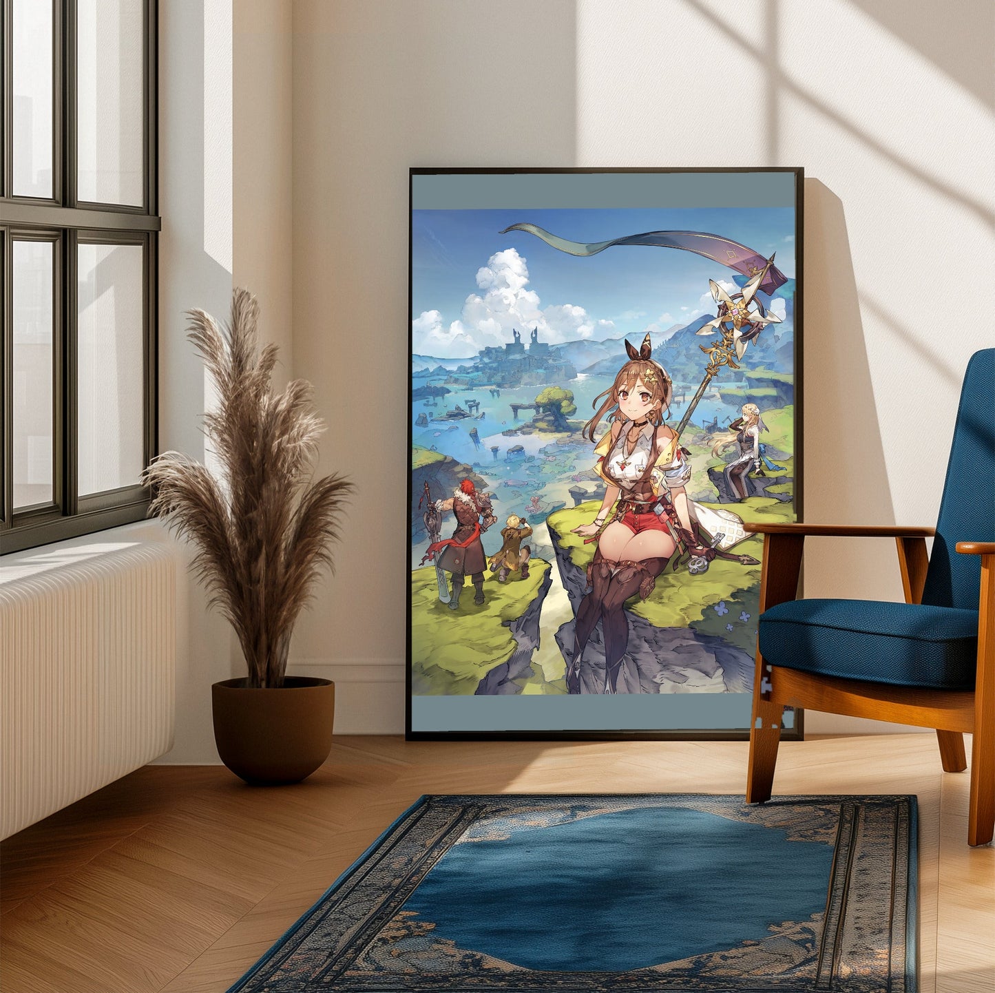 Atelier Ryza 3 Alchemist of the End and the Secret Key Main Visual by Toridamono framed beside a blue armchair in a sunlit room