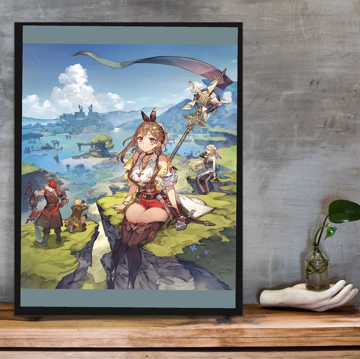 Atelier Ryza 3 Alchemist of the End and the Secret Key Main Visual by Toridamono in a black frame on a wooden shelf against concrete
