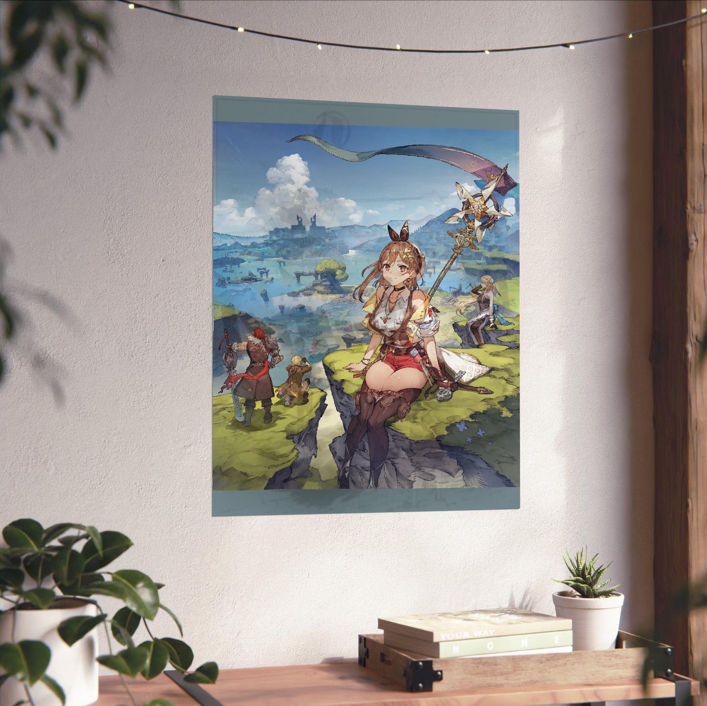 Atelier Ryza 3 Alchemist of the End and the Secret Key Main Visual by Toridamono unframed on a white wall above a desk