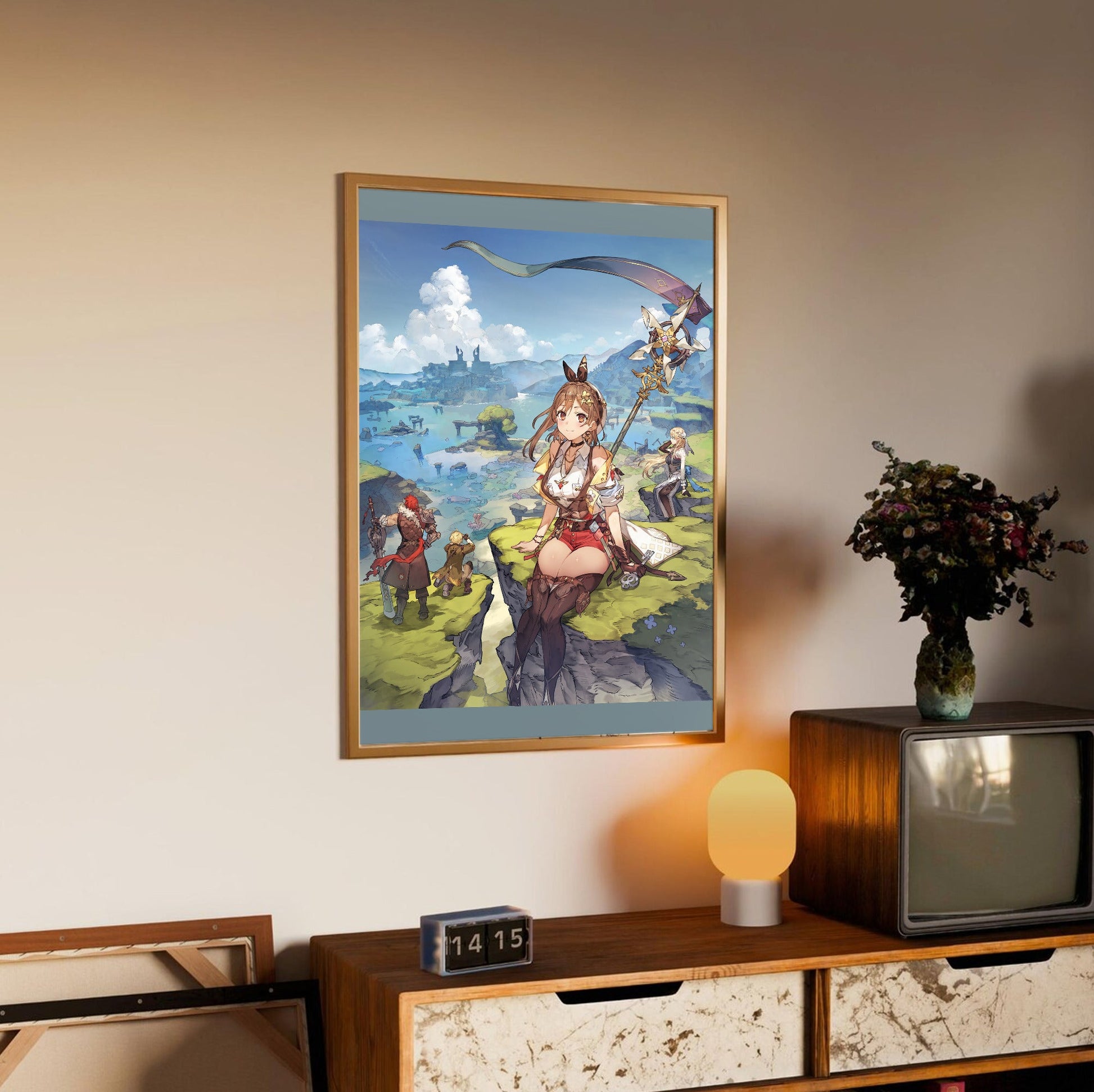 Atelier Ryza 3 Alchemist of the End and the Secret Key Main Visual by Toridamono in an oak frame above a sideboard