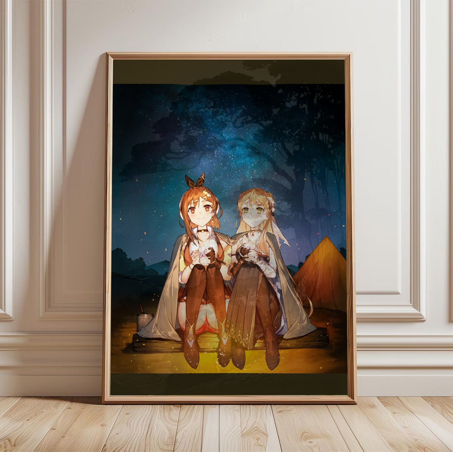 Atelier Ryza 3 Ryza and Klaudia Illustration in a light oak frame leaning against a white wall
