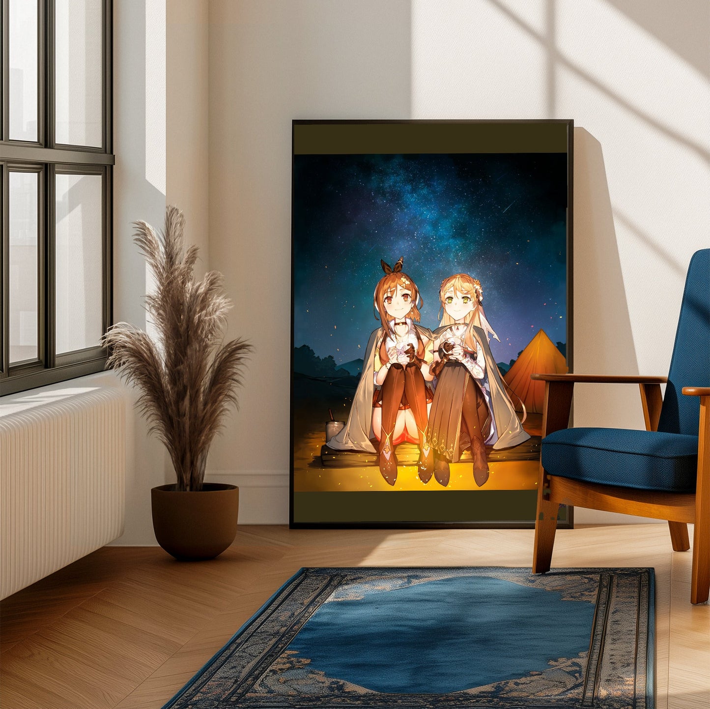 Atelier Ryza 3 Ryza and Klaudia Illustration framed beside a blue armchair in a sunlit room