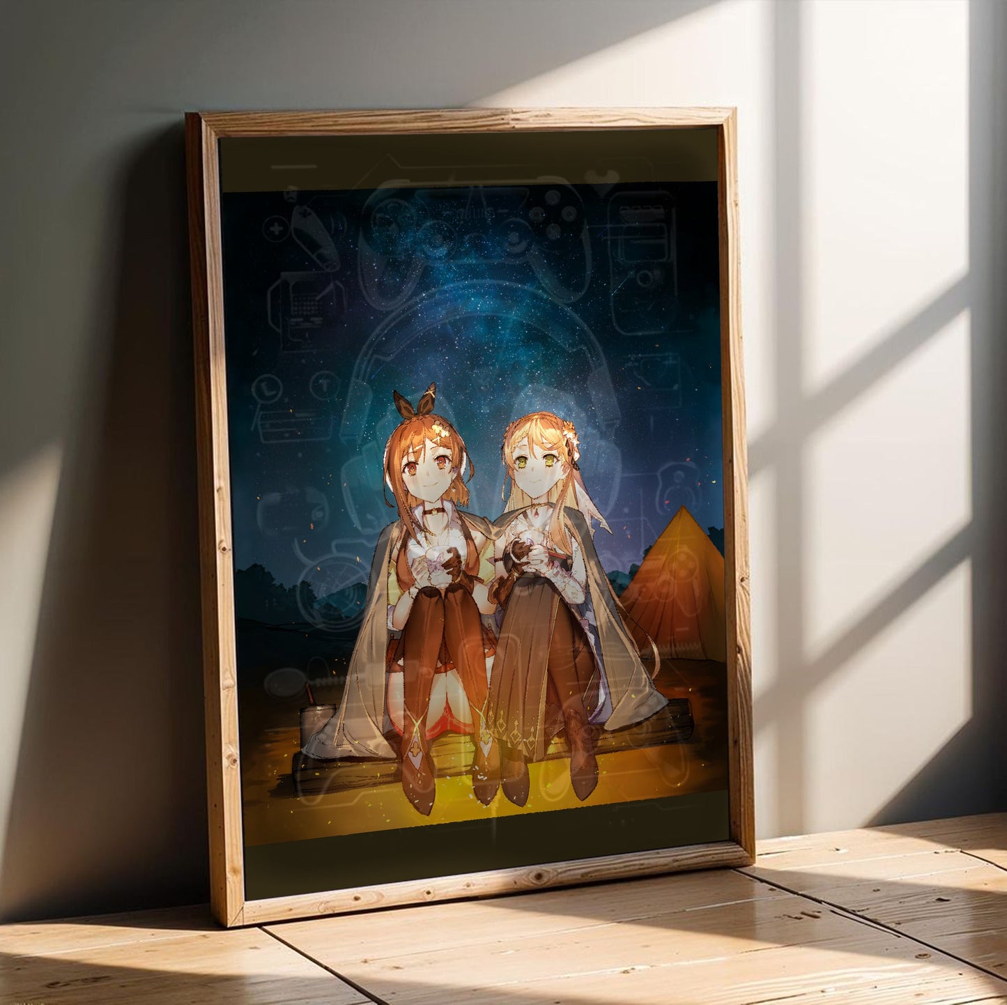 Atelier Ryza 3 Ryza and Klaudia Illustration in an oak frame leaning on a wooden floor