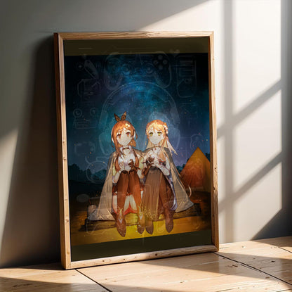 Atelier Ryza 3 Ryza and Klaudia Illustration in an oak frame leaning on a wooden floor