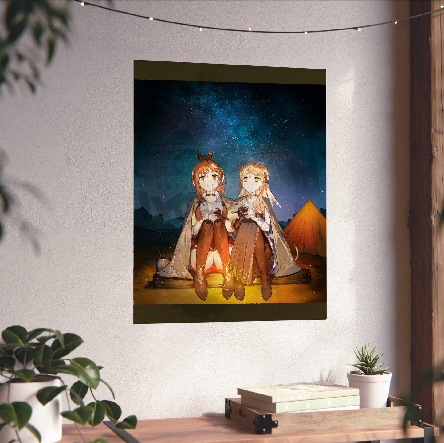 Atelier Ryza 3 Ryza and Klaudia Illustration unframed on a white wall above a desk