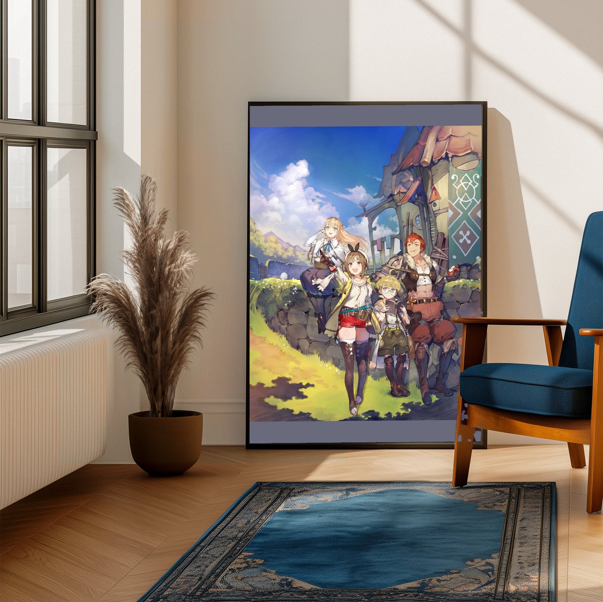 Atelier Ryza Ever Darkness and the Secret Hideout Official Key Art framed beside a blue armchair in a sunlit room