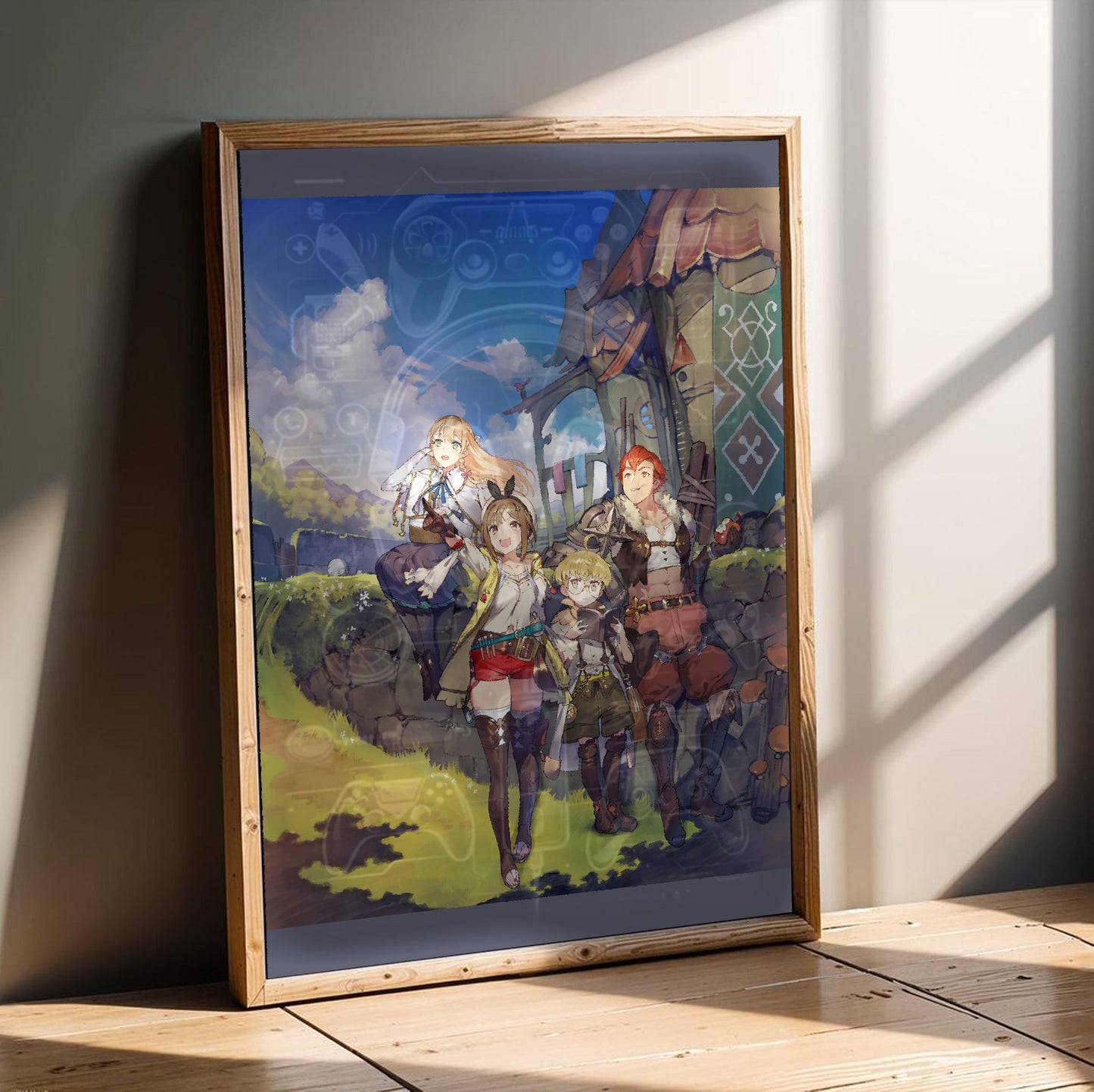 Atelier Ryza Ever Darkness and the Secret Hideout Official Key Art in an oak frame leaning on a wooden floor