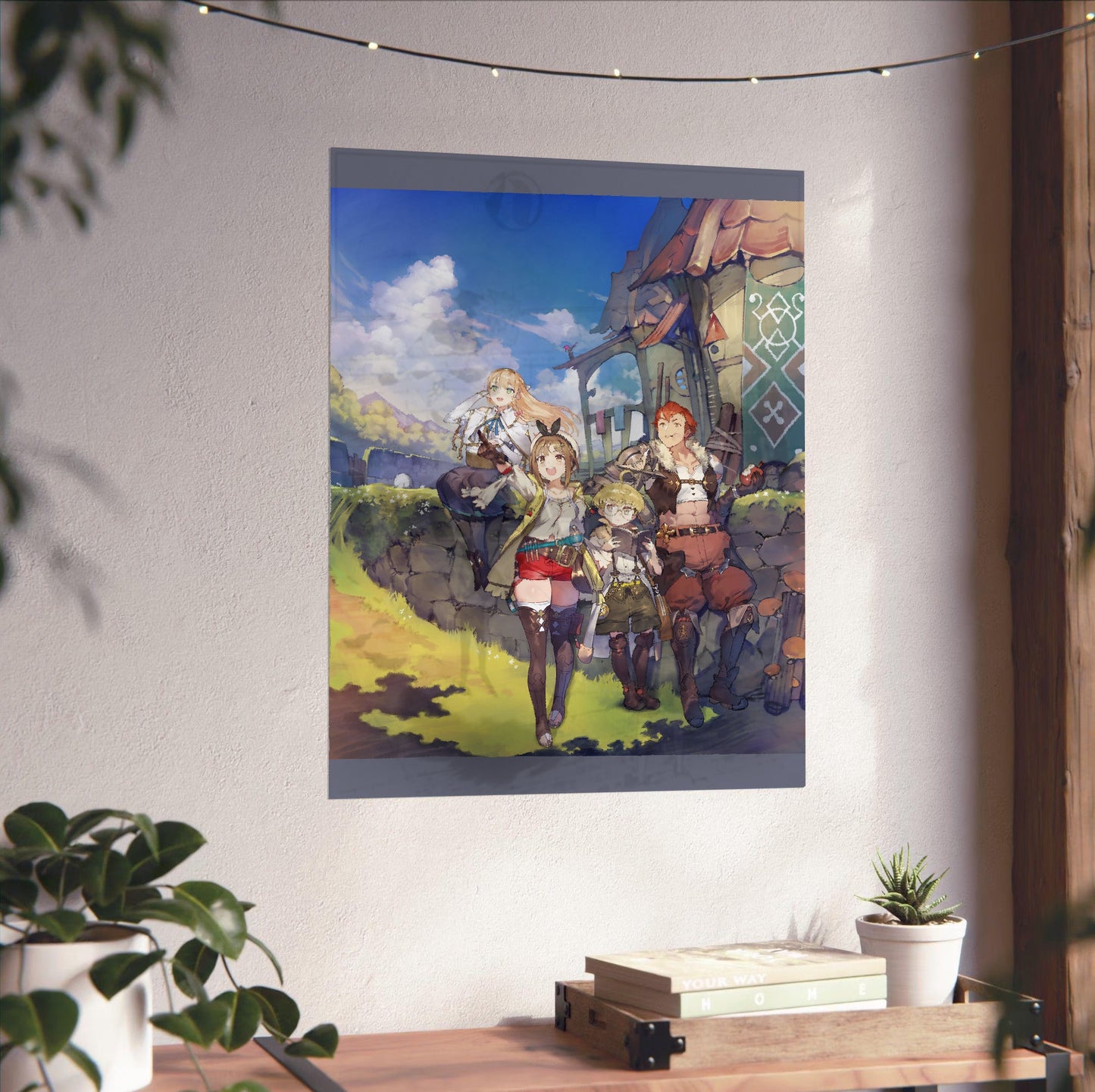 Atelier Ryza Ever Darkness and the Secret Hideout Official Key Art unframed on a white wall above a desk