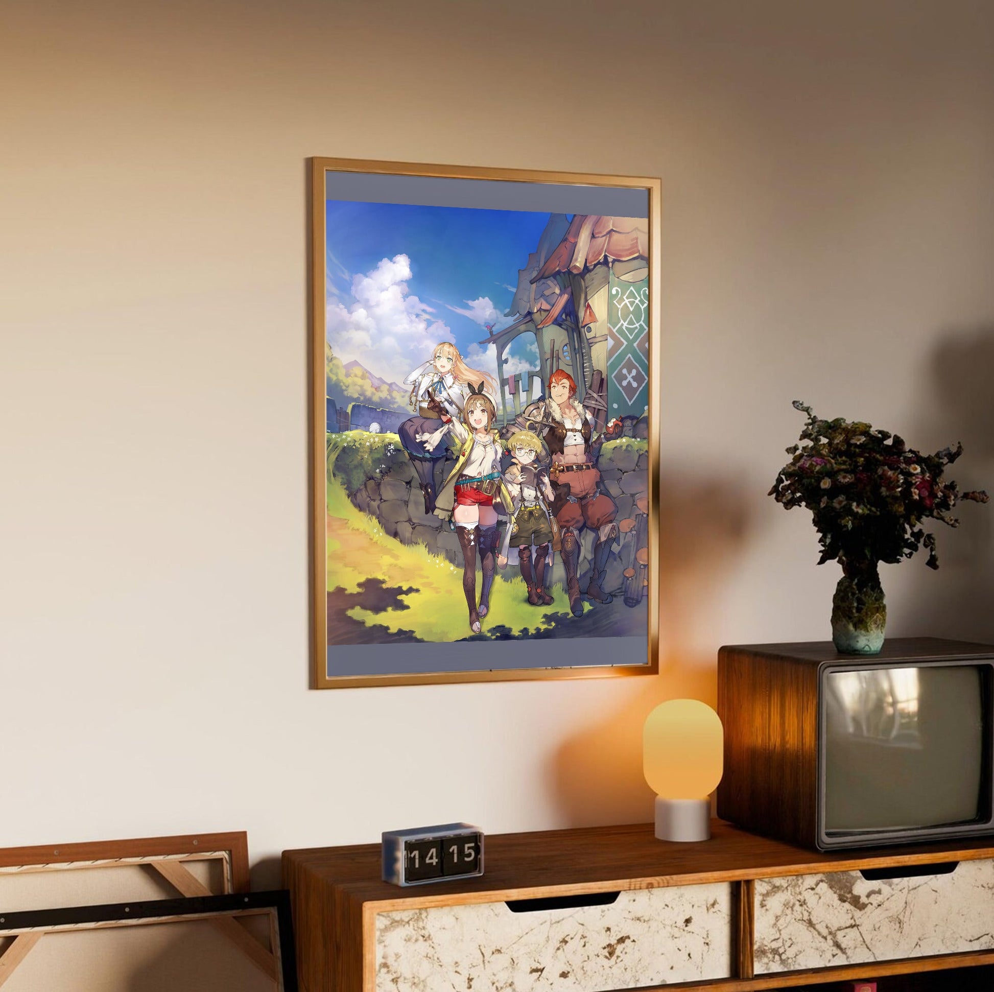 Atelier Ryza Ever Darkness and the Secret Hideout Official Key Art in an oak frame above a sideboard