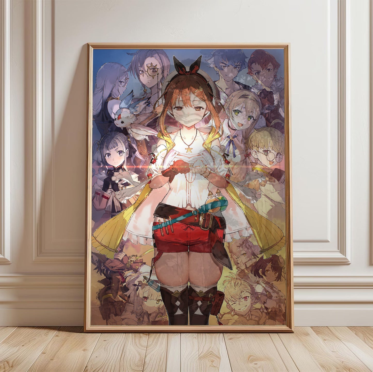 Atelier Ryza Secret Trilogy Deluxe Pack Official Key Art in a light oak frame leaning against a white wall