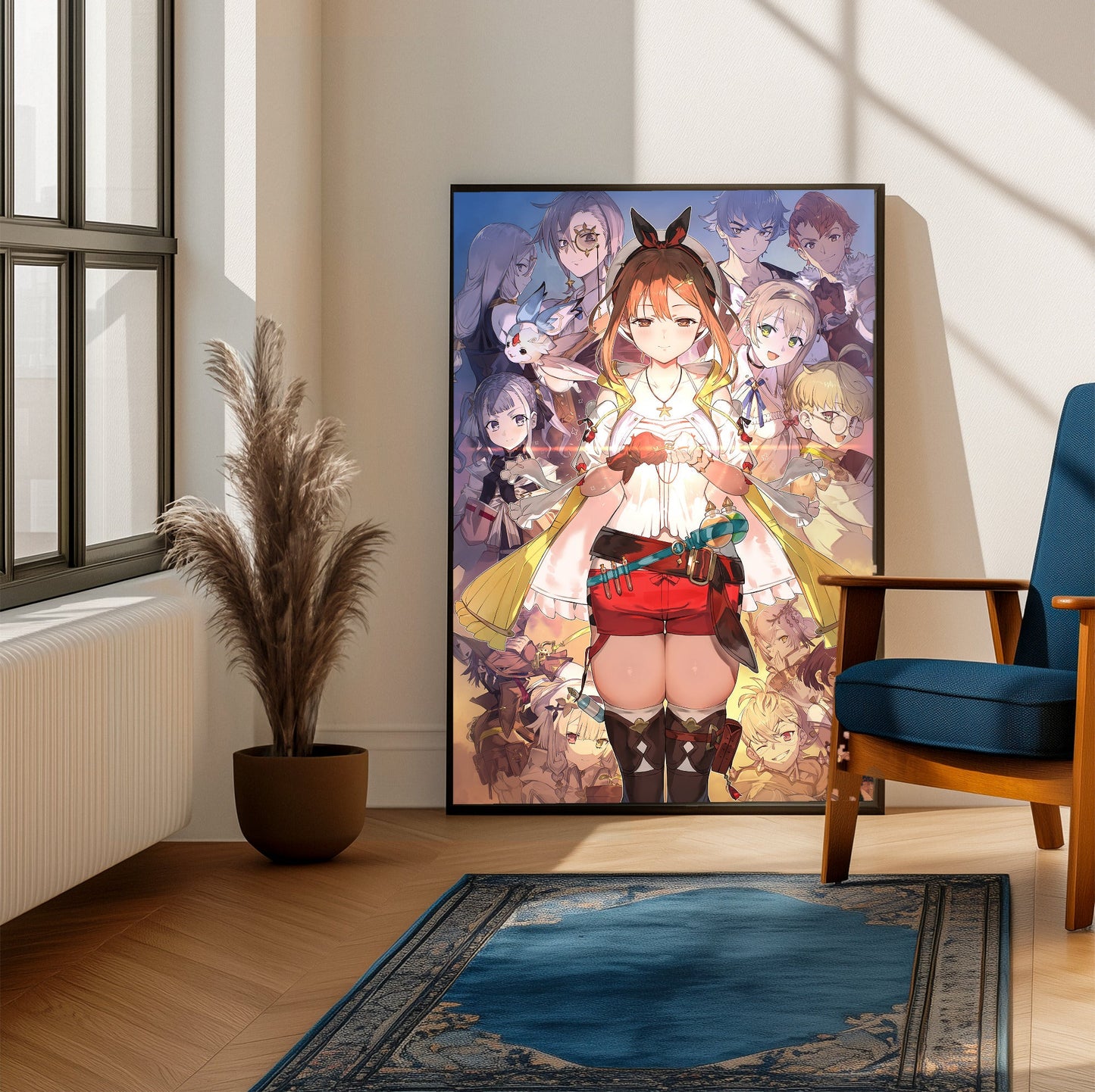 Atelier Ryza Secret Trilogy Deluxe Pack Official Key Art framed beside a blue armchair in a sunlit room