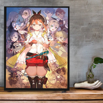 Atelier Ryza Secret Trilogy Deluxe Pack Official Key Art in a black frame on a wooden shelf against concrete