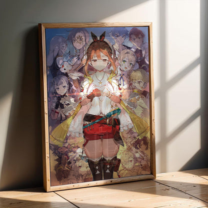 Atelier Ryza Secret Trilogy Deluxe Pack Official Key Art in an oak frame leaning on a wooden floor