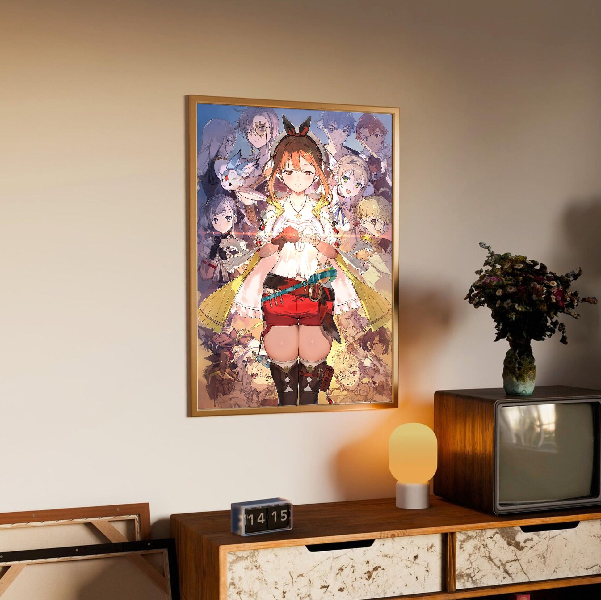 Atelier Ryza Secret Trilogy Deluxe Pack Official Key Art in an oak frame above a sideboard