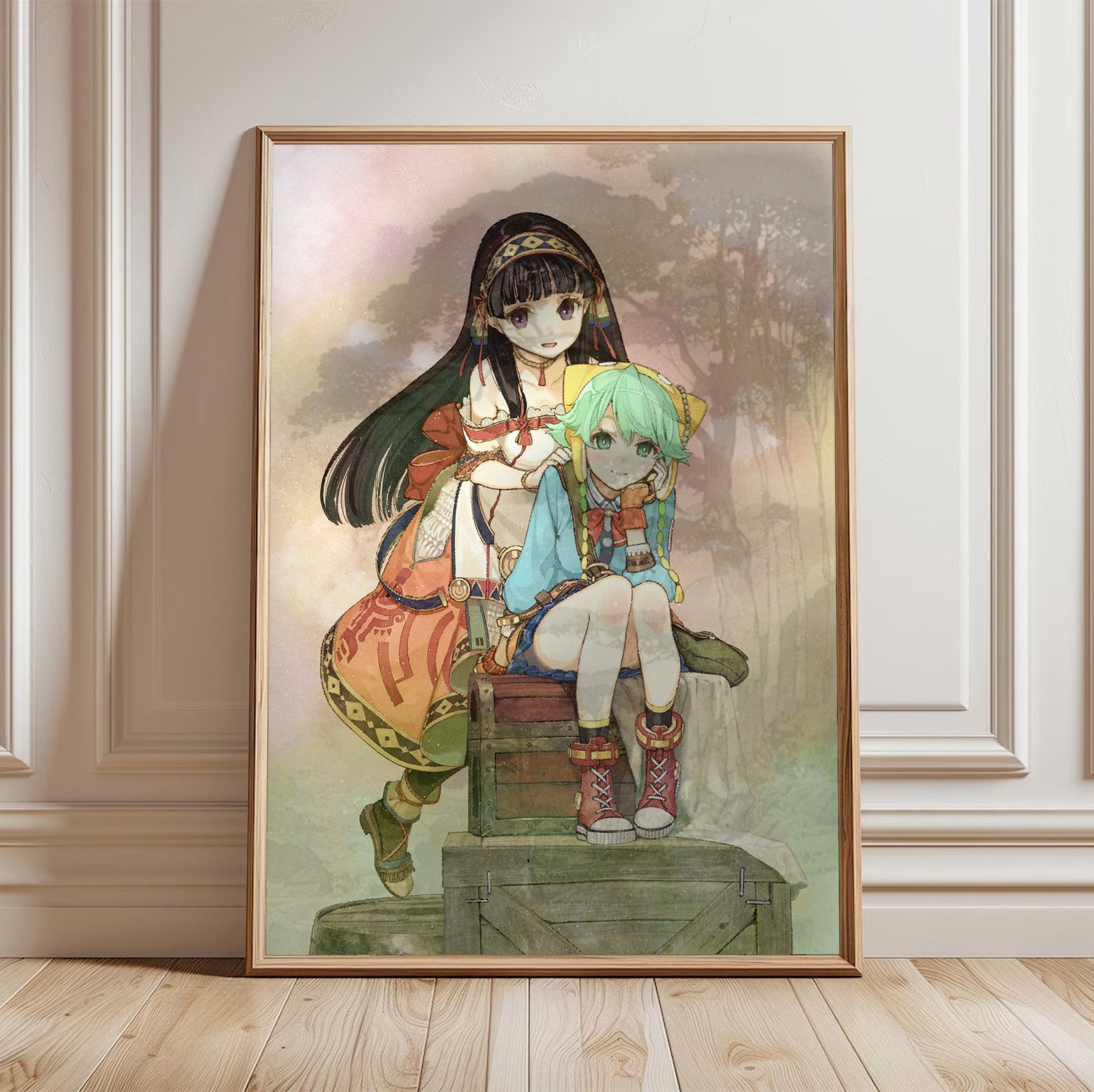 Atelier Shallie Alchemists of the Dusk Sea DX Main Visual by Hidari in a light oak frame leaning against a white wall