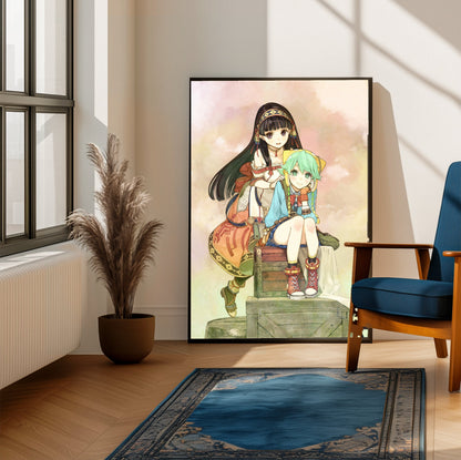 Atelier Shallie Alchemists of the Dusk Sea DX Main Visual by Hidari framed beside a blue armchair in a sunlit room