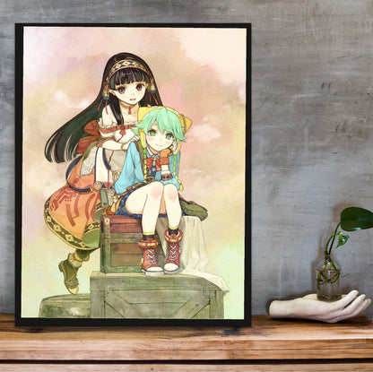 Atelier Shallie Alchemists of the Dusk Sea DX Main Visual by Hidari in a black frame on a wooden shelf against concrete