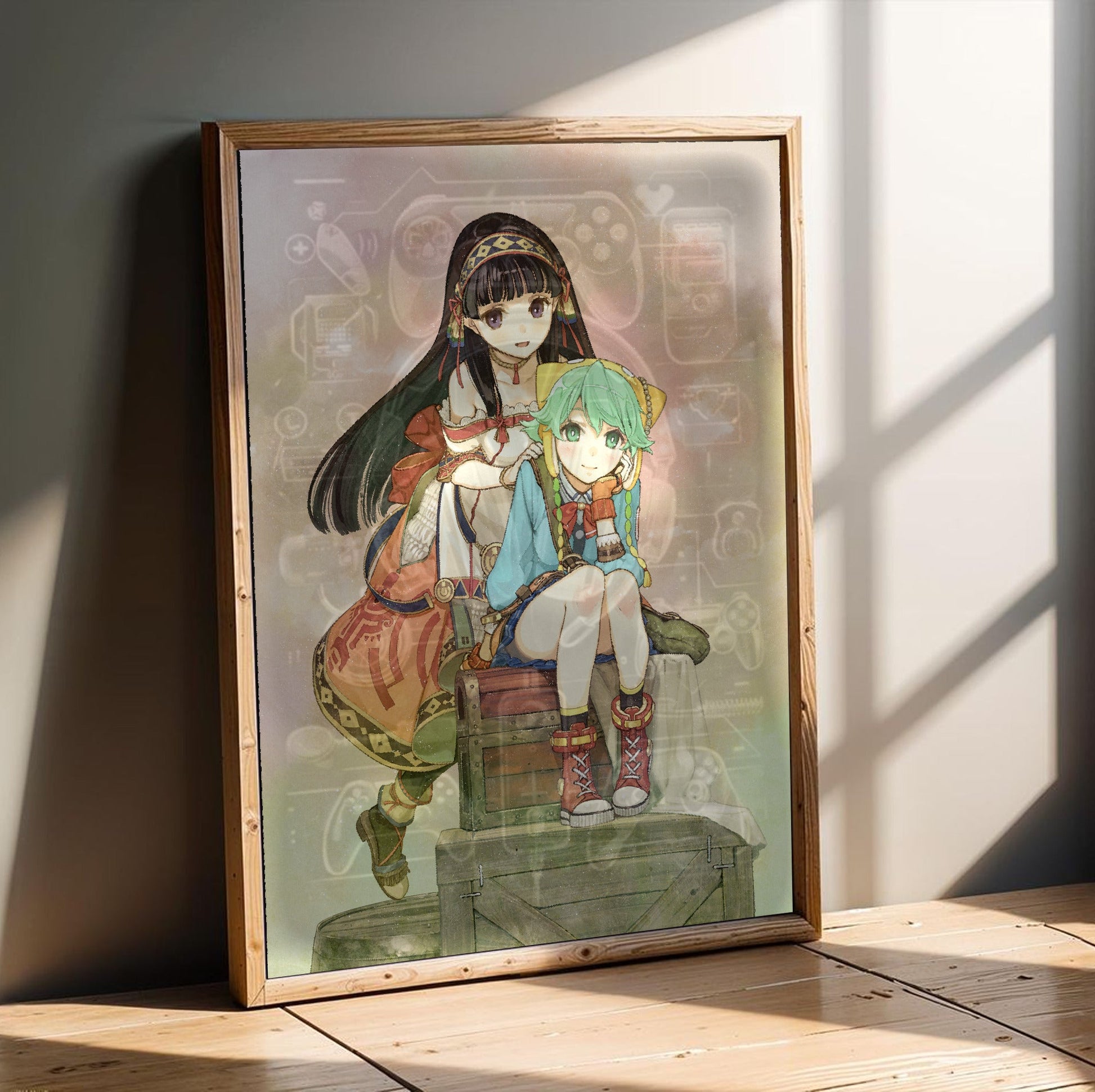 Atelier Shallie Alchemists of the Dusk Sea DX Main Visual by Hidari in an oak frame leaning on a wooden floor