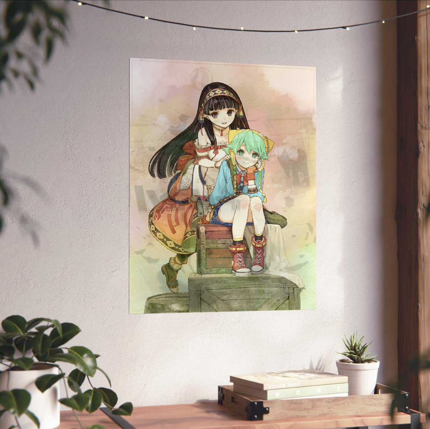 Atelier Shallie Alchemists of the Dusk Sea DX Main Visual by Hidari unframed on a white wall above a desk