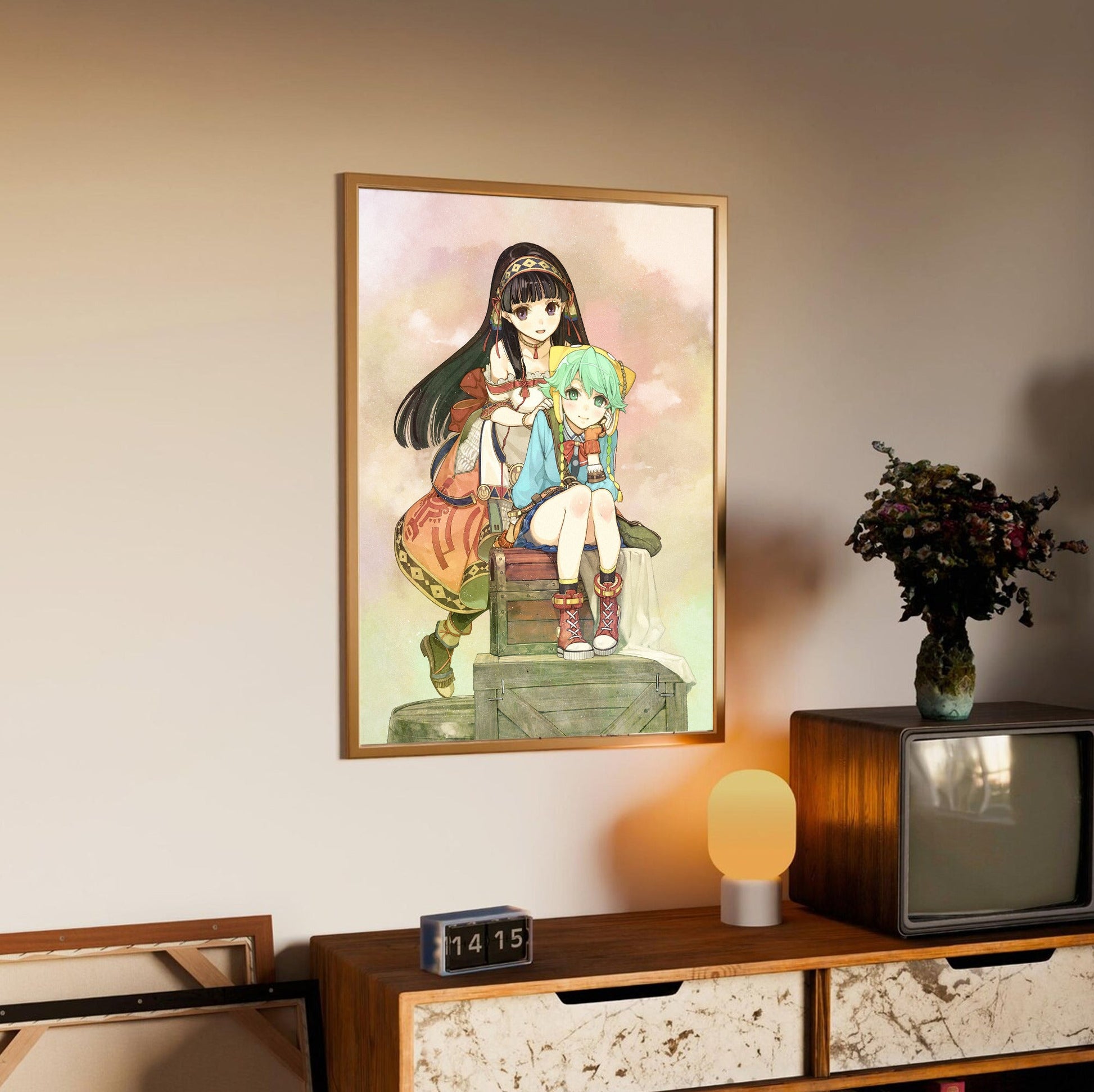 Atelier Shallie Alchemists of the Dusk Sea DX Main Visual by Hidari in an oak frame above a sideboard