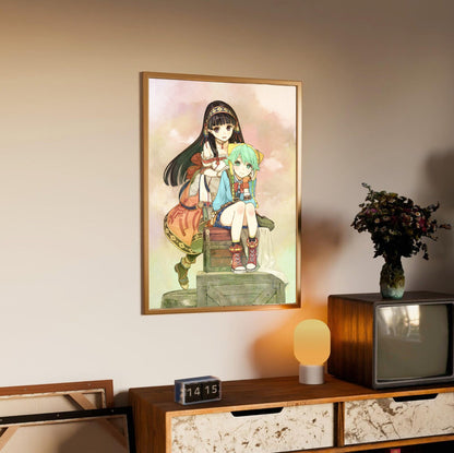 Atelier Shallie Alchemists of the Dusk Sea DX Main Visual by Hidari in an oak frame above a sideboard