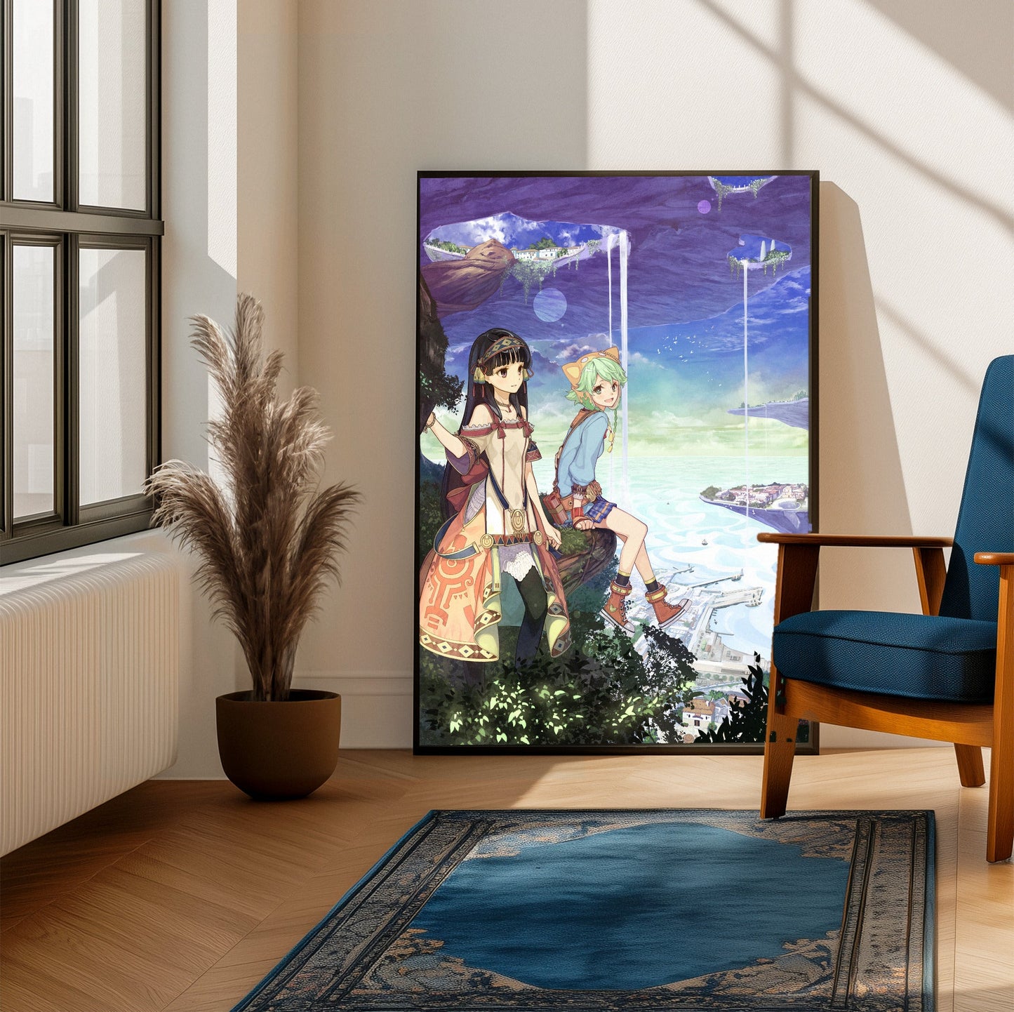 Atelier Shallie Alchemists of the Dusk Sea Main Visual by Hidari framed beside a blue armchair in a sunlit room
