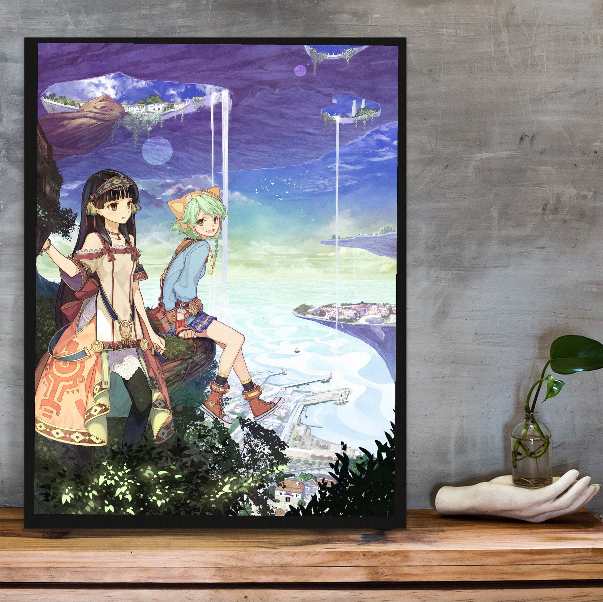 Atelier Shallie Alchemists of the Dusk Sea Main Visual by Hidari in a black frame on a wooden shelf against concrete