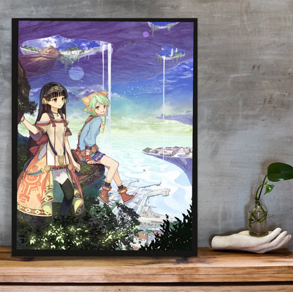 Atelier Shallie Alchemists of the Dusk Sea Main Visual by Hidari in a black frame on a wooden shelf against concrete